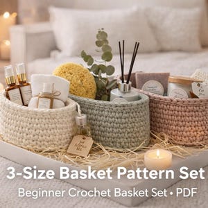 Conjunto de patrones de cestas de ganchillo para decoración del hogar, cestas ovaladas modernas, ideales para principiantes (patrón en PDF)