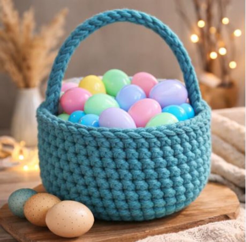 Op de afbeelding: Een turquoise gehaakte mand gevuld met pastelkleurige paaseieren. De mand heeft een gevlochten handvat en staat op een houten oppervlak. Verschillende gespikkelde eieren liggen voor de mand, wat een lentethema suggereert.