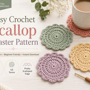 May include: Image of a crochet coaster pattern with the text "Easy Crochet Scallop Coaster Pattern." The image shows four handmade coasters in shades of green, pink, purple, and yellow. A mug of coffee sits on one coaster. A crochet hook is also visible.