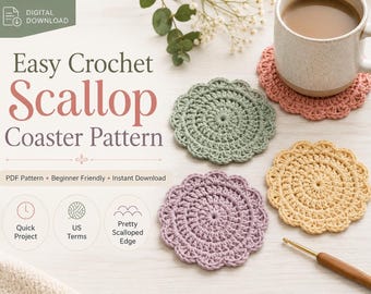 Patrón fácil de posavasos de ganchillo con borde festoneado en PDF, tutorial de posavasos de ganchillo para principiantes, patrón rápido de posavasos de algodón, regalo de decoración para el hogar hecho a ganchillo