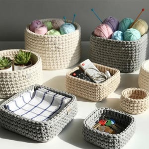 Patrón de cesta de crochet fácil, tutorial de decoración del hogar para principiantes (PDF), organizador de almacenamiento, bandeja moderna cuadrada y redonda para guardar objetos.