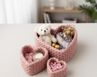 Cesta de crochê em formato de coração – 3 tamanhos, ideal para iniciantes, decoração aconchegante para a casa (padrão em PDF)