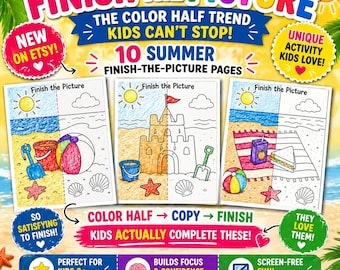 Gifts For Kids Summer Coloring Pages| Printable Pack | Screen-Free Activity | Finish the Picture
