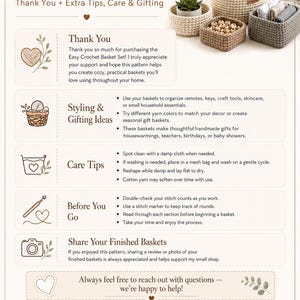 May include: An instructional guide for crocheting baskets, featuring text and images. The guide includes tips on care, styling, and gifting ideas. Several finished crochet baskets in various sizes and colors are displayed.