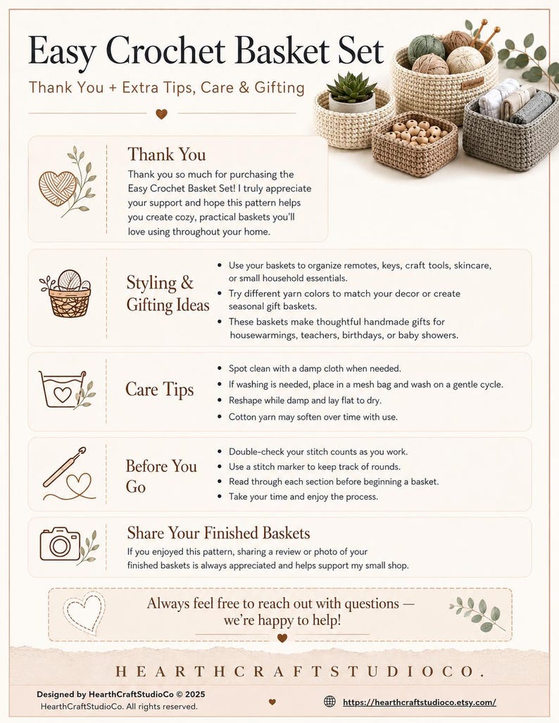 May include: An instructional guide for crocheting baskets, featuring text and images. The guide includes tips on care, styling, and gifting ideas. Several finished crochet baskets in various sizes and colors are displayed.