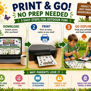 May include: A colorful graphic promoting an outdoor adventure activity bundle for kids. The image shows a laptop, printer, and children using printables. Text includes "Print & Go! No Prep Needed" and "Outdoor Adventure Activity Bundle."