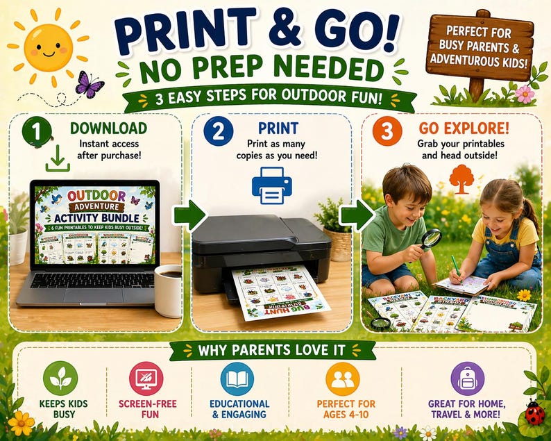 May include: A colorful graphic promoting an outdoor adventure activity bundle for kids. The image shows a laptop, printer, and children using printables. Text includes "Print & Go! No Prep Needed" and "Outdoor Adventure Activity Bundle."