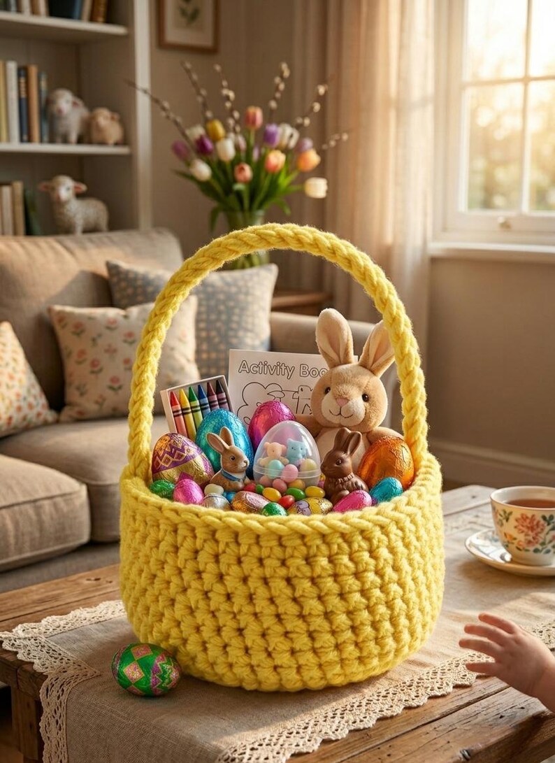 Op de afbeelding: Een gele gehaakte paasmand gevuld met kleurrijke paaseieren, een pluchen konijn, snoepjes, kleurpotloden en een activiteitenboek. De mand heeft een gevlochten handvat en staat op een houten tafel. Een kopje thee staat op de tafel.