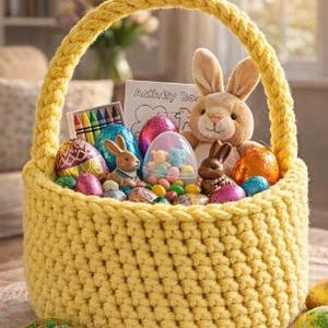 Op de afbeelding: Een gele gehaakte paasmand gevuld met paaseieren, een pluchen konijn en andere paasartikelen. De mand heeft een gevlochten handvat en de tekst "Fun and Giftable!" staat bovenaan.