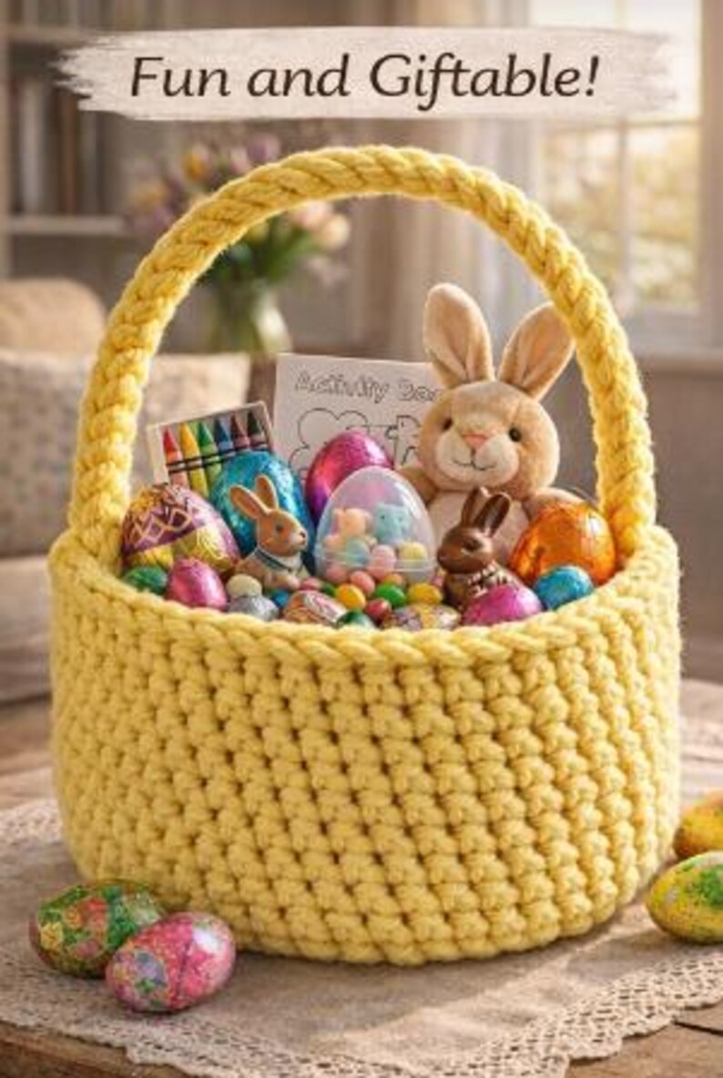 Op de afbeelding: Een gele gehaakte paasmand gevuld met paaseieren, een pluchen konijn en andere paasartikelen. De mand heeft een gevlochten handvat en de tekst "Fun and Giftable!" staat bovenaan.