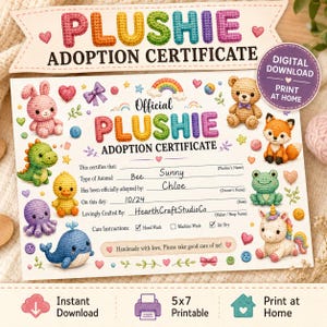 Op de afbeelding: Een digitaal adoptiecertificaat voor knuffels met kleurrijke illustraties in haakstijl van een konijn, dinosaurus, eend, octopus, walvis, beer, vos, kikker en een eenhoorn. Het document bevat invulregels voor namen, datum en instructies.