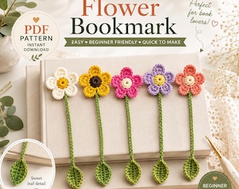 Crochet Flower  Pattern Bookmark PDF, Beginner Friendly Scrap Yarn Bookmark, Easy Crochet Flower with Leaf Stem, Book Lover Gift Pattern