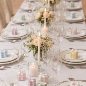 May include: Elegant table setting with white tablecloth, plates, and silverware. Centerpieces of roses and candles. Small gift boxes in pastel colors are placed at each setting. Wine glasses are arranged around the plates.