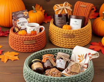 Patroonset gehaakte herfstmand: 3 eenvoudige ronde manden| Home Decor voor beginners pdf | Haakpatroon voor cadeau-opslag