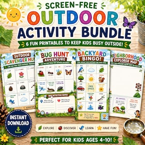 Könnte beinhalten: Ein farbenfrohes Outdoor-Aktivitätspaket mit dem Text "Screen-Free Outdoor Activity Bundle" und "6 Fun Printables to Keep Kids Busy Outside!". Enthält Schatzsuche, Käferjagd, Hinterhof-Bingo und Nachbarschafts-Entdecker-Karten. Perfekt für Kinder im Alter von 4-10 Jahren.