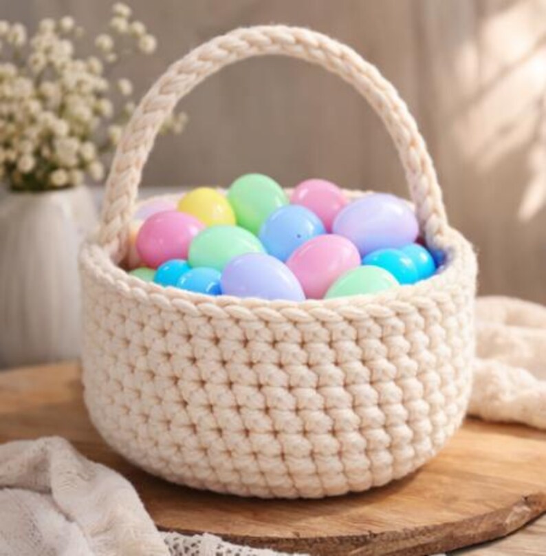 Op de afbeelding: Een cr&egrave;mekleurige, gehaakte mand gevuld met kleurrijke paaseieren. De mand heeft een stevige handgreep en is gevuld met pastelkleurige eieren in tinten roze, blauw, groen en geel. De mand staat op een houten oppervlak.