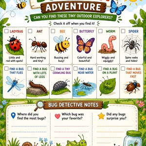 May include: A colorful "Bug Hunt Adventure" activity sheet with illustrations of various insects, including a ladybug, ant, bee, butterfly, worm, and spider. The sheet includes check boxes and prompts for a bug detective.