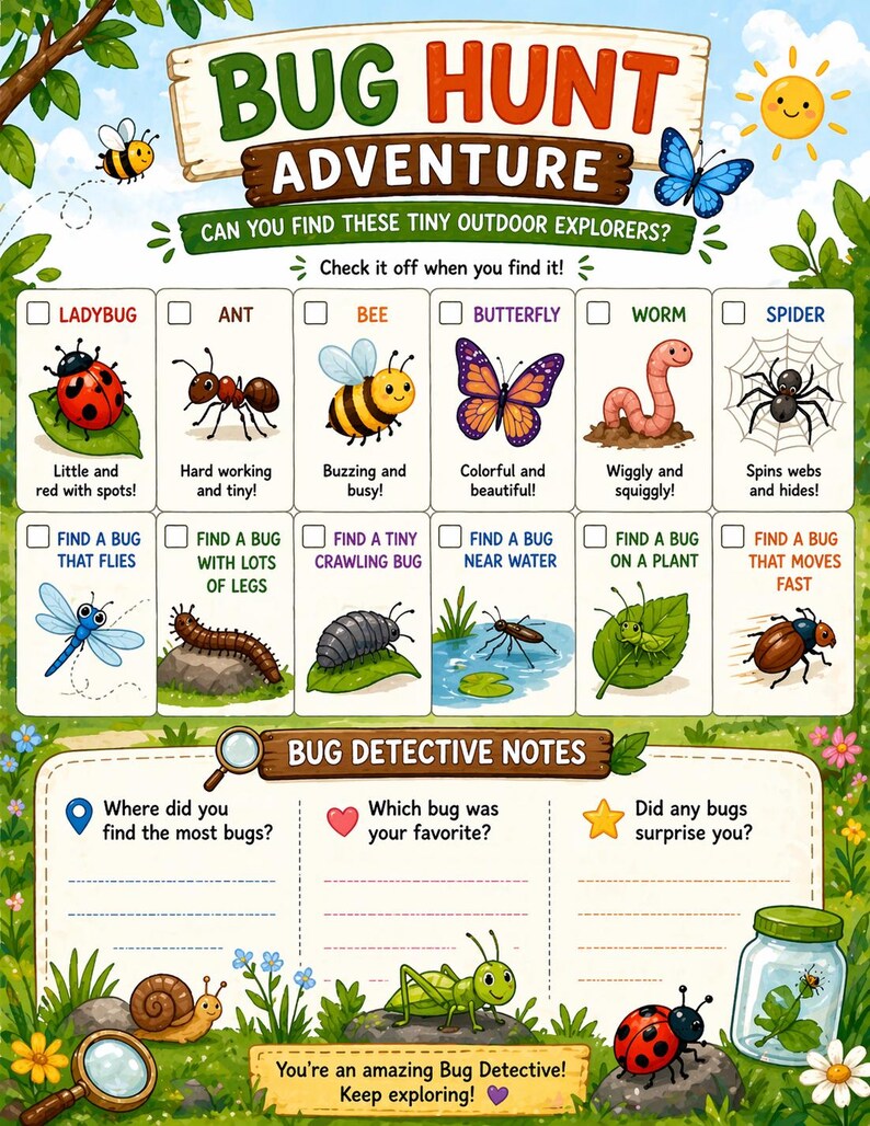 May include: A colorful "Bug Hunt Adventure" activity sheet with illustrations of various insects, including a ladybug, ant, bee, butterfly, worm, and spider. The sheet includes check boxes and prompts for a bug detective.