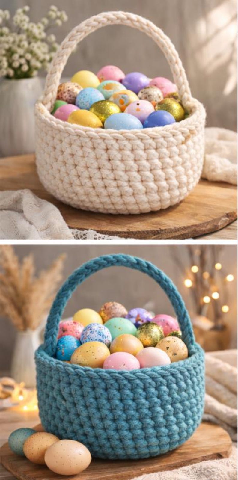 Op de afbeelding: Een cr&egrave;mekleurige, gehaakte paasmand gevuld met kleurrijke paaseieren. De eieren zijn in verschillende kleuren, waaronder geel, roze, blauw en goud. De mand heeft een bijpassende handgreep en staat op een houten oppervlak.