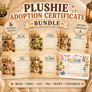 以下が含まれることがあります： クマ、カエル、ネコ、ブタ、子犬、およびユニバーサルデザインの6種類のぬいぐるみ養子縁組証明書セット。各証明書には、名前、日付、ケア手順を記入するための空白行があり、ヴィンテージ風のスタイルでデザインされています。