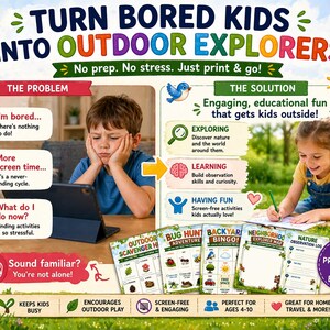 May include: A colorful graphic promoting outdoor activities for children. The image features a child looking bored at a tablet, contrasted with a child happily drawing outside. Text includes "Turn Bored Kids Into Outdoor Explorers!" and "6 Fun Printables in One Bundle!"