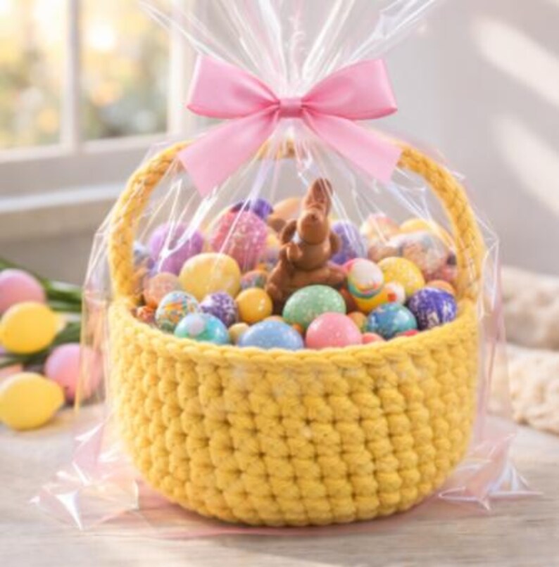 Op de afbeelding: Een gele gehaakte paasmand gevuld met kleurrijke paaseieren en een chocoladekonijn. De mand is verpakt in doorzichtig cellofaan en vastgebonden met een roze strik, wat een feestelijke presentatie cre&euml;ert.