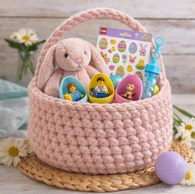 Op de afbeelding: Een roze gehaakte paasmand gevuld met een pluche konijn, speelfiguren in eierschalen, stickers en een bellenblaas. De mand staat op een geweven mat, met een paarse plastic eier in de buurt. Madeliefjes staan op de achtergrond.