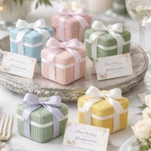 May include: A collection of small, square gift boxes in pastel colors: blue, pink, green, and yellow. Each box is tied with a matching satin ribbon bow. The boxes are arranged on a silver tray, with place cards and floral decorations.