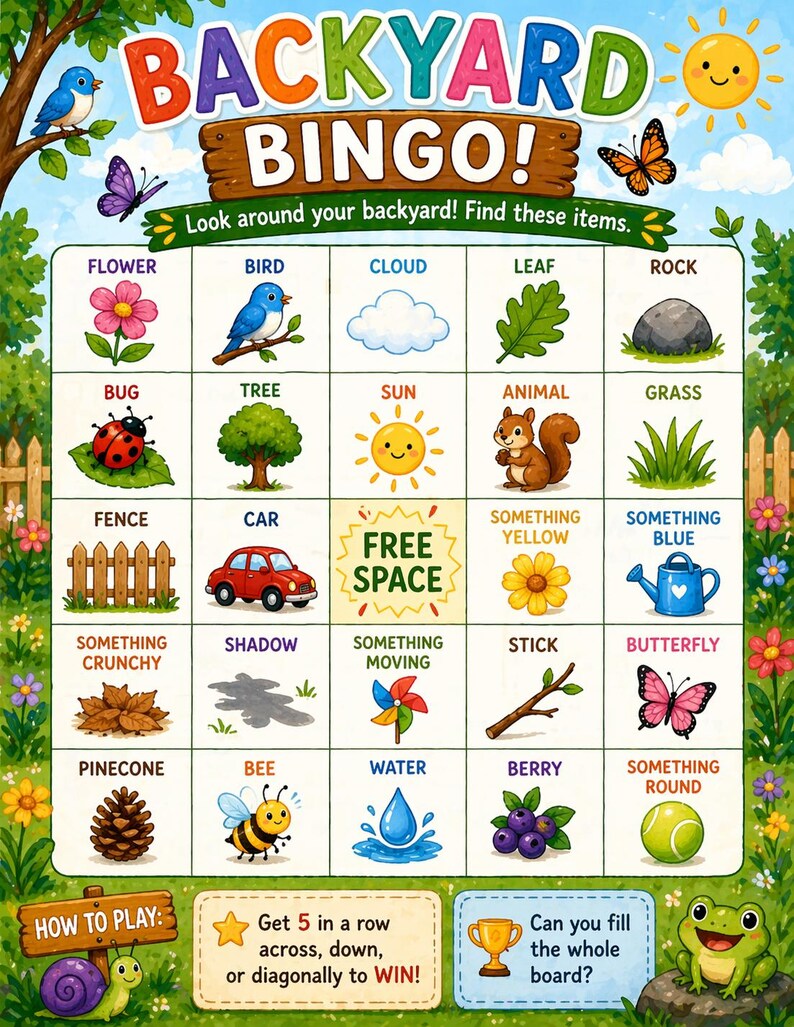 May include: A colorful "Backyard Bingo" game board with illustrated images of nature items like flowers, birds, and insects. The game includes instructions and a free space. The board is surrounded by a green and blue background.