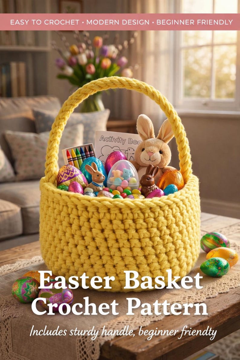 Op de afbeelding: Een gele gehaakte paasmand gevuld met kleurrijke eieren, speelgoedkonijntjes en snoep. De mand heeft een stevige handgreep en is voorzien van het opschrift "Easter Basket Crochet Pattern". De tekst zegt ook "Easy to Crochet, Modern Design, Beginner Friendly."