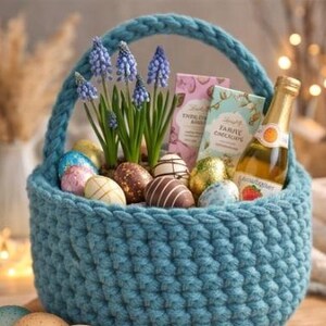 Op de afbeelding: Een blauwe gehaakte paasmand gevuld met versierde paaseieren, paarse bloemen, chocoladerepen en een fles mousserende wijn. De mand heeft een gevlochten handvat.