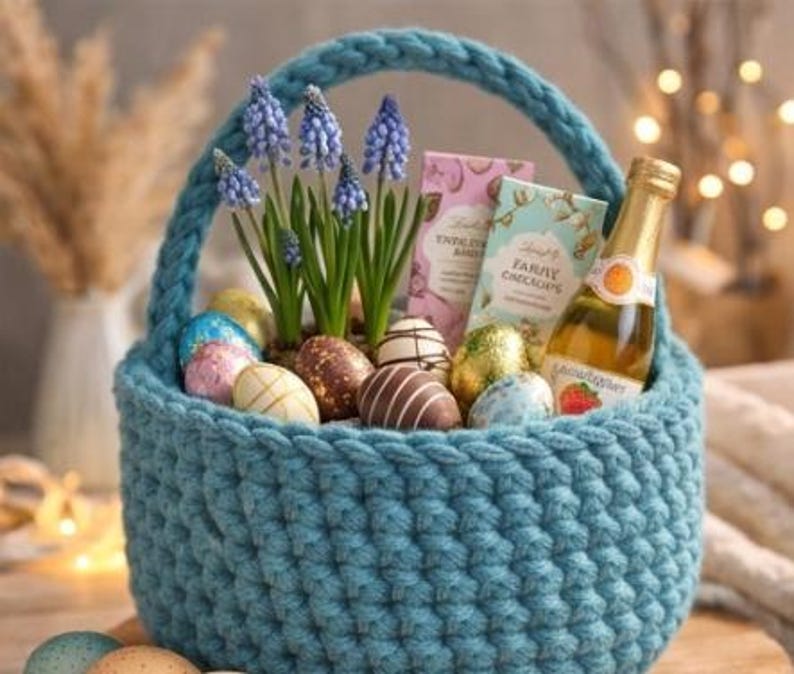 Op de afbeelding: Een blauwe gehaakte paasmand gevuld met versierde paaseieren, paarse bloemen, chocoladerepen en een fles mousserende wijn. De mand heeft een gevlochten handvat.