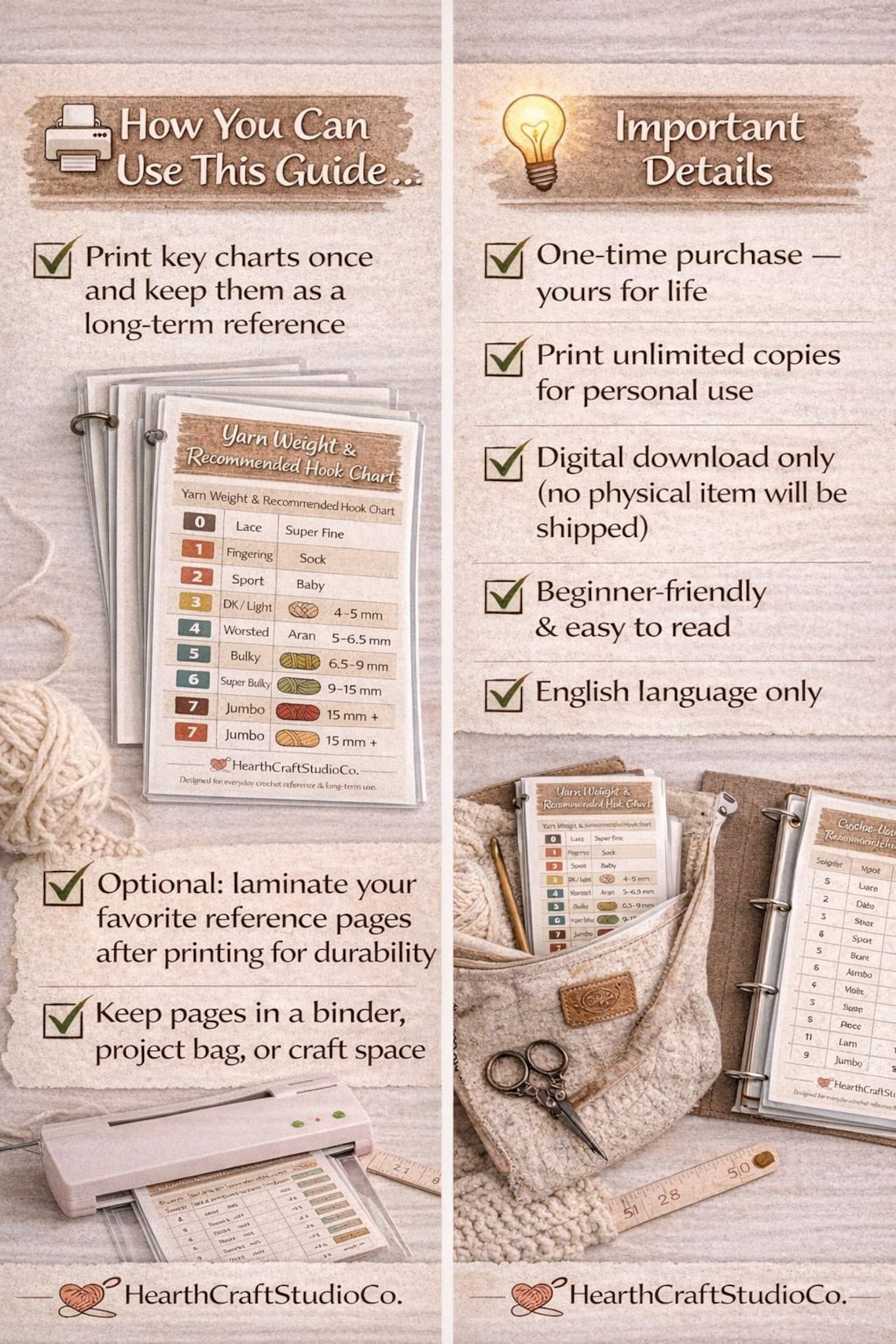 Crochet Quick Reference Guide | Hook Size, Yarn Weight, Stitch Chart ...