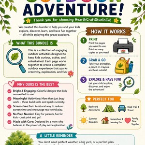May include: A colorful graphic promoting outdoor activities for kids. The design includes the text "Welcome to Your Outdoor Adventure!" and features illustrations of a sun, butterfly, and magnifying glass. The bundle is designed to encourage exploration and fun.