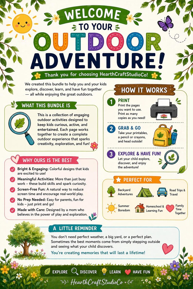 May include: A colorful graphic promoting outdoor activities for kids. The design includes the text "Welcome to Your Outdoor Adventure!" and features illustrations of a sun, butterfly, and magnifying glass. The bundle is designed to encourage exploration and fun.