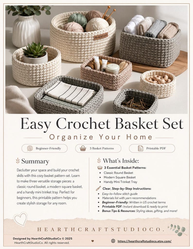 May include: A collection of crocheted baskets in various sizes and colors, including beige, gray, and pink. The image showcases a round basket, a square basket, and a small trinket tray, all filled with items like yarn, towels, and toiletries. The text reads "Easy Crochet Basket Set."