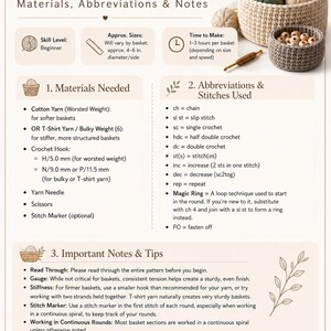 May include: An instructional guide for crocheting baskets. The image shows a crochet basket set with materials, abbreviations, and notes. Includes a list of materials, crochet hook sizes, and stitch abbreviations. The baskets are approximately 4-6 inches in diameter.