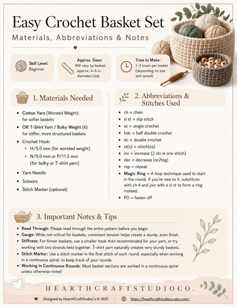 May include: An instructional guide for crocheting baskets. The image shows a crochet basket set with materials, abbreviations, and notes. Includes a list of materials, crochet hook sizes, and stitch abbreviations. The baskets are approximately 4-6 inches in diameter.