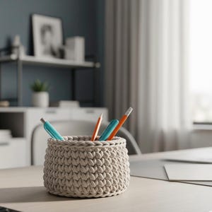 May include: A beige, crocheted basket holds pens and pencils on a light-colored desk. The basket is cylindrical and has a textured, woven appearance. The pens and pencils are teal and orange.