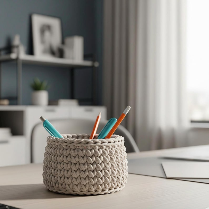May include: A beige, crocheted basket holds pens and pencils on a light-colored desk. The basket is cylindrical and has a textured, woven appearance. The pens and pencils are teal and orange.