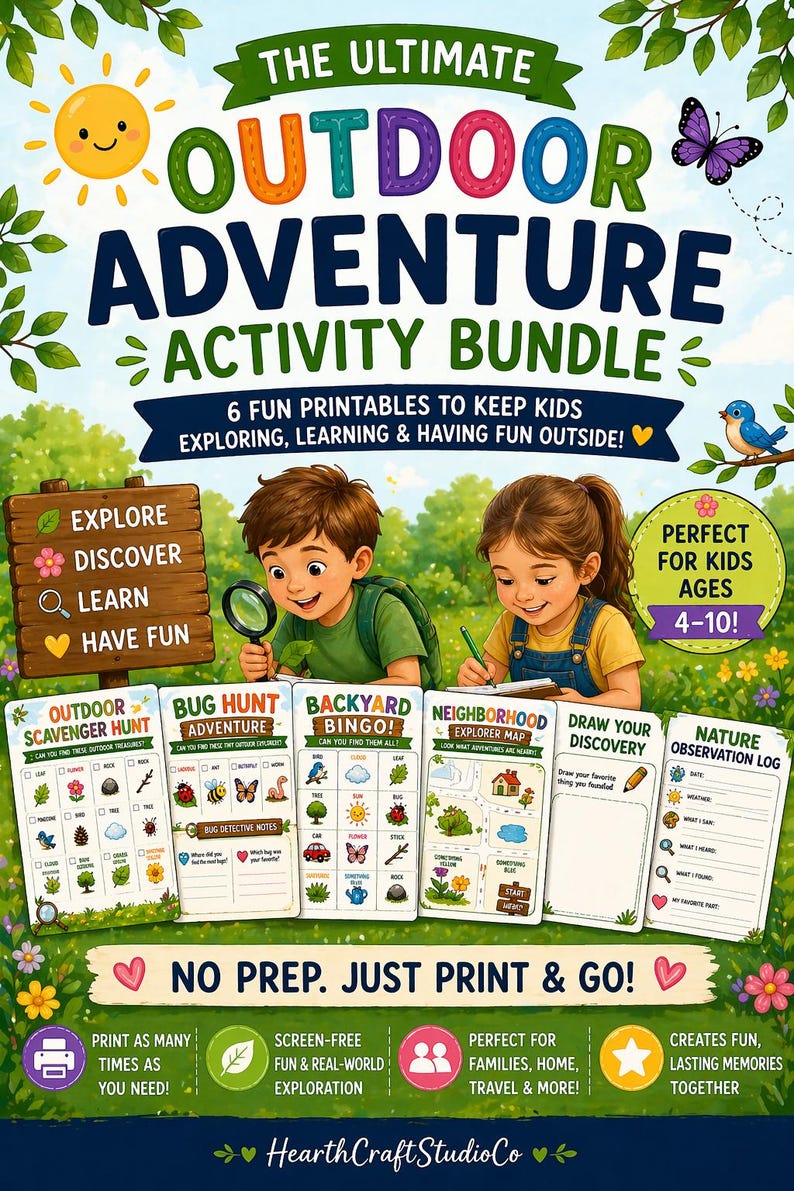 May include: A colorful outdoor adventure activity bundle for kids ages 4-10. The bundle includes six printable activities, such as a scavenger hunt, bug hunt, and nature observation log. The image features children exploring with a magnifying glass and pen.