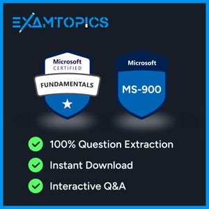 Może przedstawiać: Ciemnoniebieska grafika z tekstem "EXAMTOPICS" na górze. Wyświetlane są dwie odznaki Microsoft Certified, jedna z napisem "FUNDAMENTALS", a druga "MS-900". Poniżej trzy zielone haczyki z tekstem: "100% Question Extraction", "Instant Download" i "Interactive Q&A".