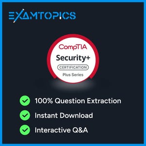 Peut inclure: Graphique bleu foncé avec le texte "EXAMTOPICS" en bleu. Un logo circulaire rouge et blanc indique "CompTIA Security+ CERTIFICATION Plus Series". En dessous, des coches vertes avec le texte "100% Question Extraction", "Instant Download" et "Interactive Q&A".