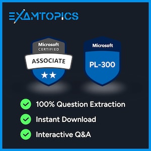 May include: A dark blue graphic featuring the text "EXAMTOPICS". Two Microsoft badges are shown, one reading "Microsoft Certified Associate" and the other "PL-300". Below are three green checkmarks with the text "100% Question Extraction", "Instant Download", and "Interactive Q&A".