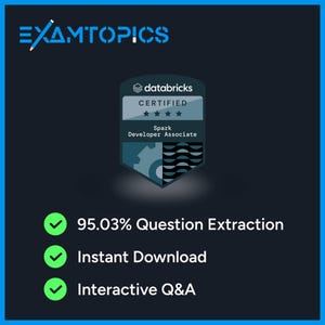 May include: A dark blue graphic with the text "EXAMTOPICS" at the top. The image features a "databricks CERTIFIED" badge for Spark Developer Associate, along with checkmarks and text indicating question extraction, instant download, and interactive Q&A.