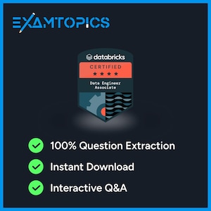 May include: A dark blue graphic with the text "EXAMTOPICS" in blue. It features a "databricks CERTIFIED" badge for Data Engineer Associate. Below are green checkmarks with the text: "100% Question Extraction", "Instant Download", and "Interactive Q&A".