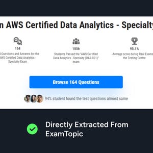 May include: A webpage screenshot titled "AWS Certified Data Analytics - Specialty." It shows exam statistics: 164 questions, 1056 students passed, and a 95.1% average score. A blue button reads "Browse 164 Questions." The text "Directly Extracted From ExamTopic" is also visible.