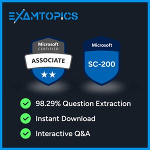 Puede incluir: Gráfico azul oscuro con el texto "EXAMTOPICS" en la parte superior. Presenta dos insignias de certificación de Microsoft y el texto "98.29% Question Extraction", "Instant Download" e "Interactive Q&A".