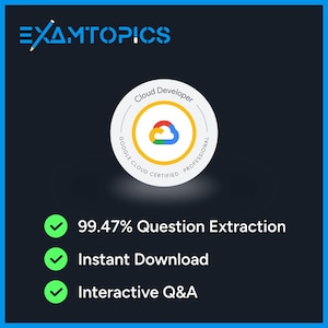 Peut inclure: Graphique bleu foncé avec le texte "EXAMTOPICS" en haut. Un badge circulaire indique "Cloud Developer" et "Google Cloud Certified Professional". En dessous, des coches vertes avec le texte : "99,47% Extraction de questions", "Téléchargement instantané" et "Q&R interactives".