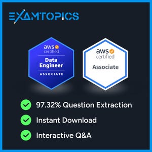 May include: A dark blue graphic with the text "EXAMTOPICS" at the top. It features two hexagonal badges: one blue with "Data Engineer" and one white with "Associate". Below are green checkmarks with text: "97.32% Question Extraction", "Instant Download", and "Interactive Q&A".